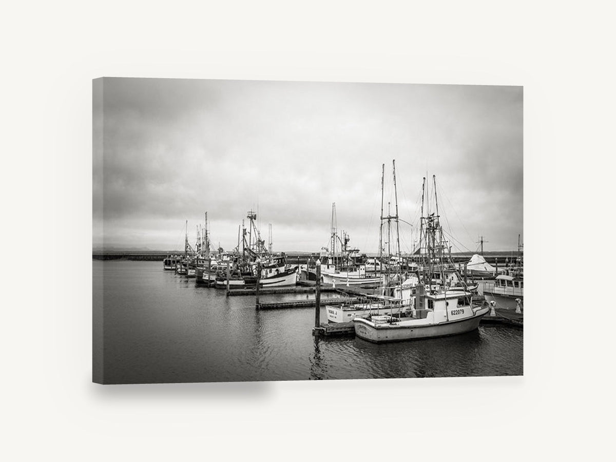 Grey Day Fishing Moorings, fishing boats marina black and white, coastal canvas wall art print ready to hang