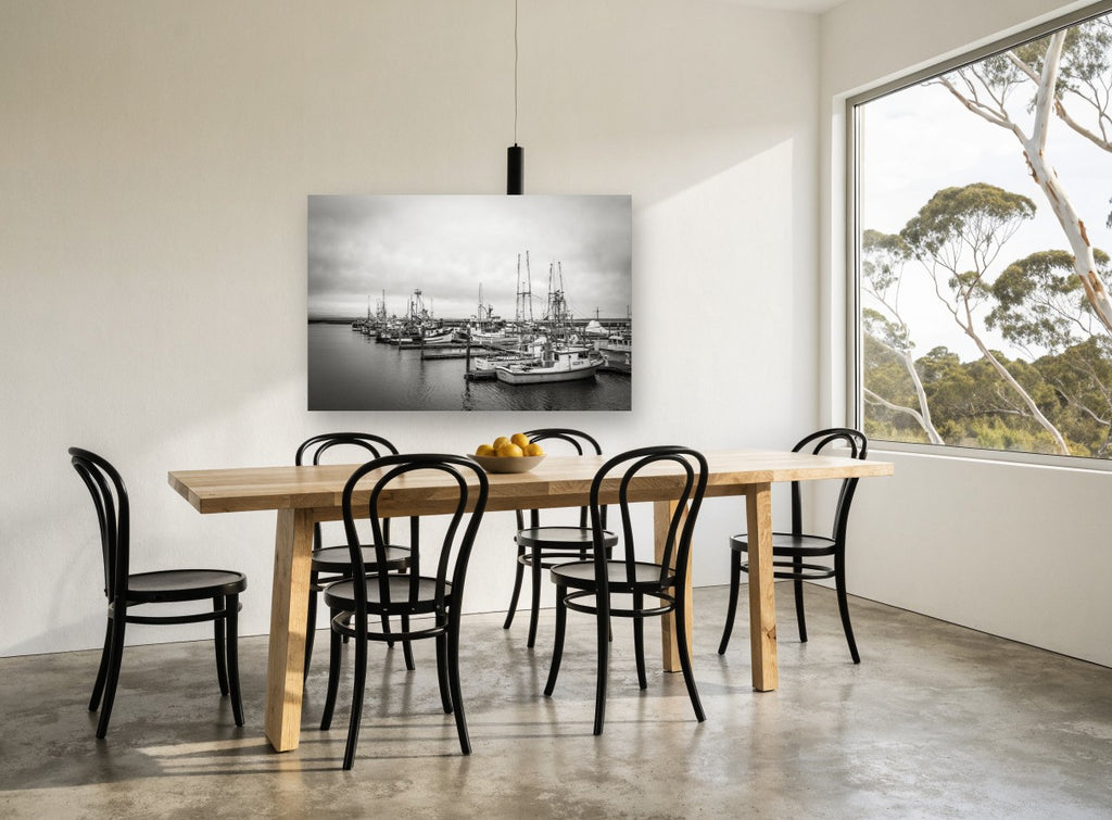 Grey Day Fishing Moorings coastal canvas print on the wall of a dining room
