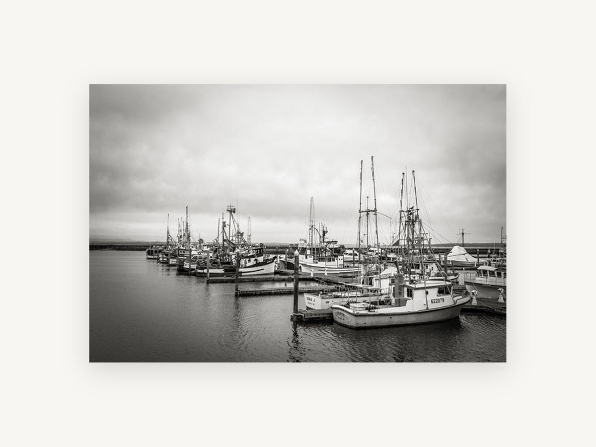 Grey Day Fishing Moorings, coastal canvas wall art print, front view