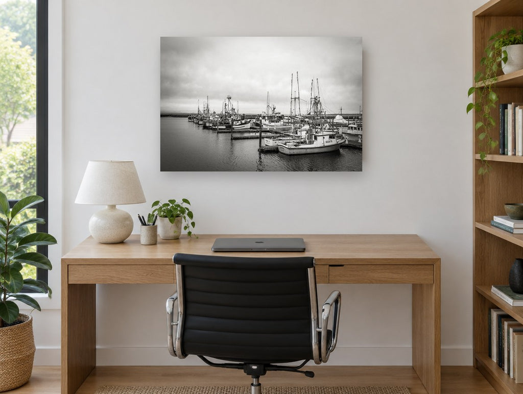 Grey Day Fishing Moorings coastal canvas print on the wall of a study