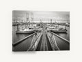 Marina Gangway Moorings, marina gangway fishing boats black and white, coastal canvas wall art print ready to hang