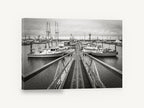 Marina Gangway Moorings, marina gangway fishing boats black and white, coastal canvas wall art print ready to hang