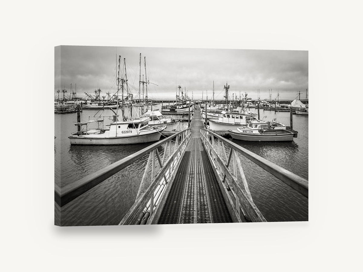 Marina Gangway Moorings, marina gangway fishing boats black and white, coastal canvas wall art print ready to hang