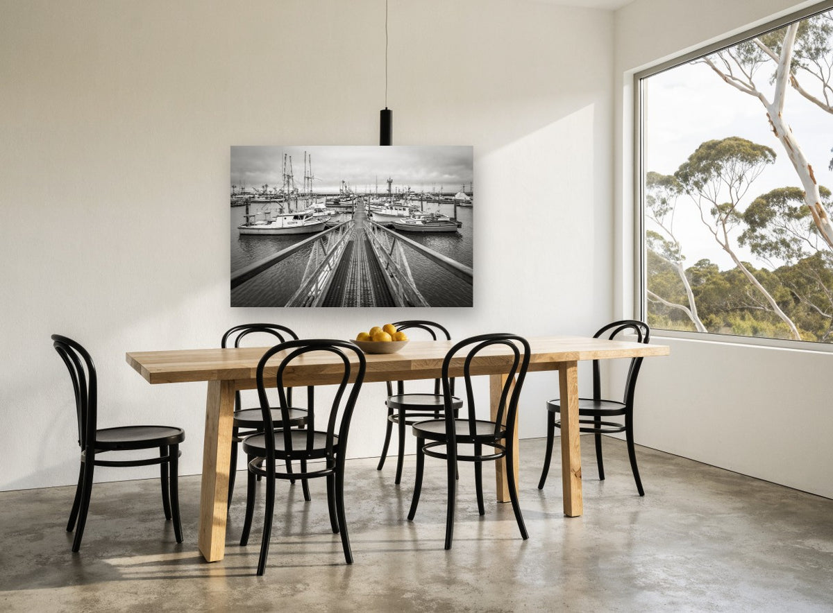 Marina Gangway Moorings coastal canvas print on the wall of a dining room