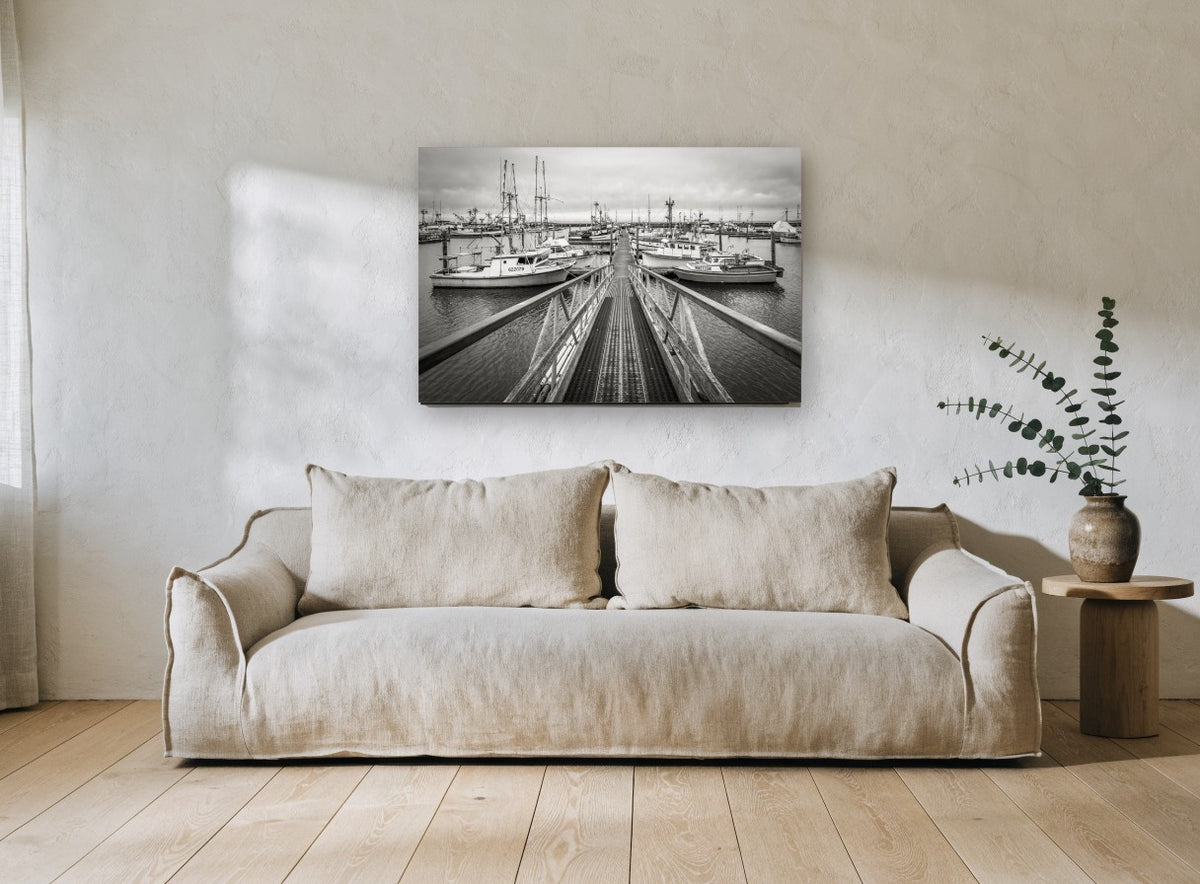 Marina Gangway Moorings coastal canvas print on the wall of a living room