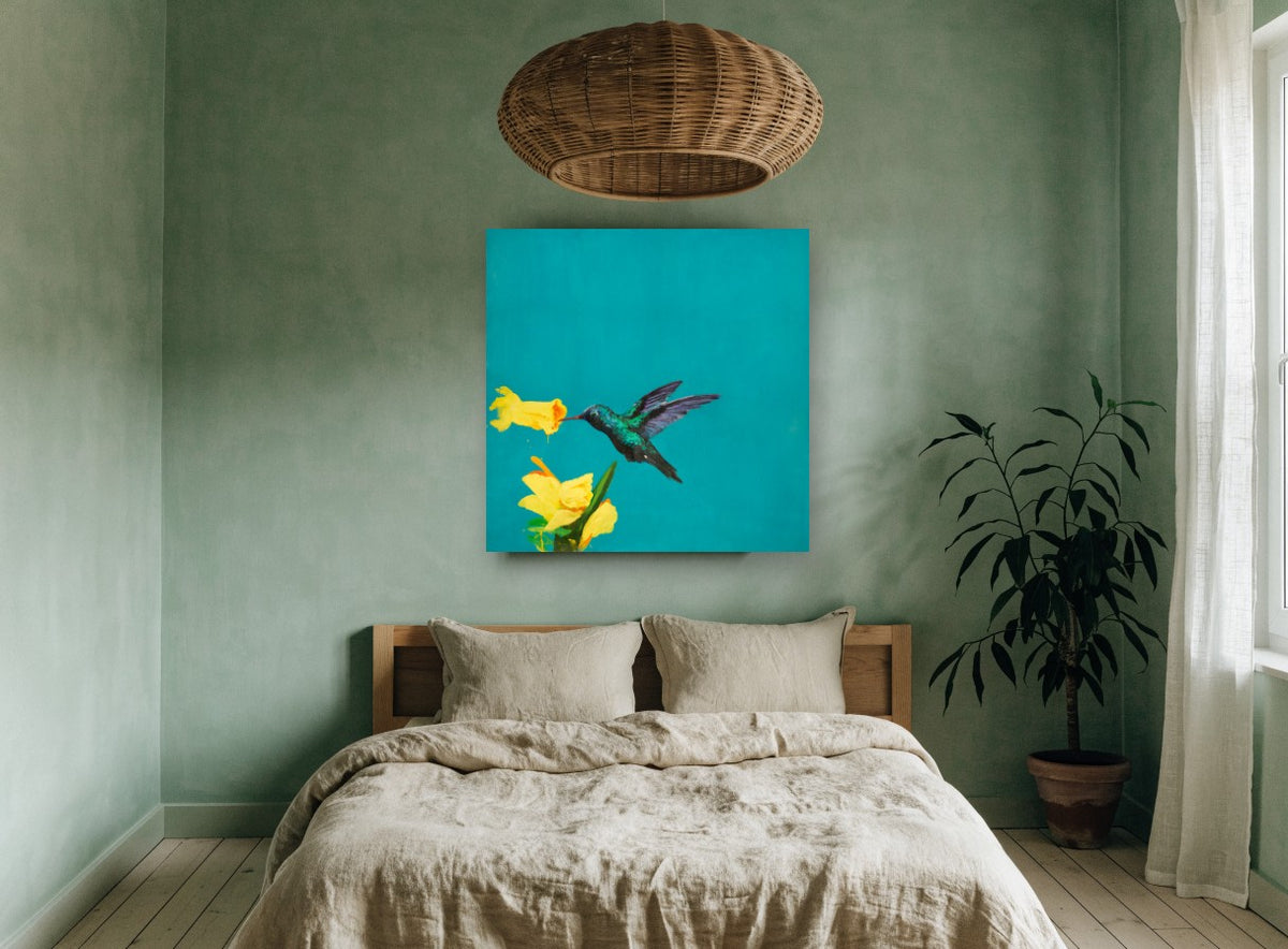 Hummingbird on Teal floral canvas print on the wall of a bedroom