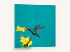 Hummingbird on Teal, hummingbird yellow flowers teal painting, floral canvas wall art print ready to hang