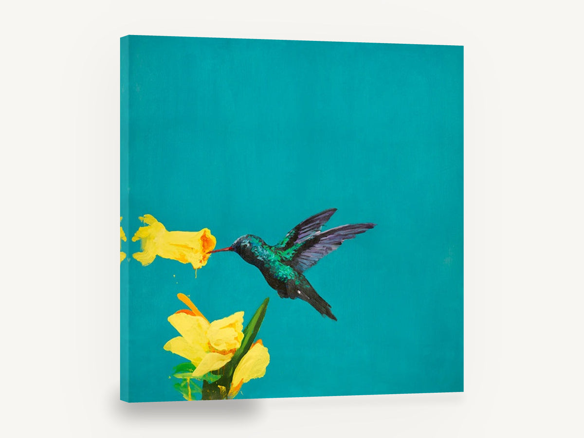 Hummingbird on Teal, hummingbird yellow flowers teal painting, floral canvas wall art print ready to hang