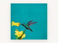 Hummingbird on Teal, floral canvas wall art print, front view