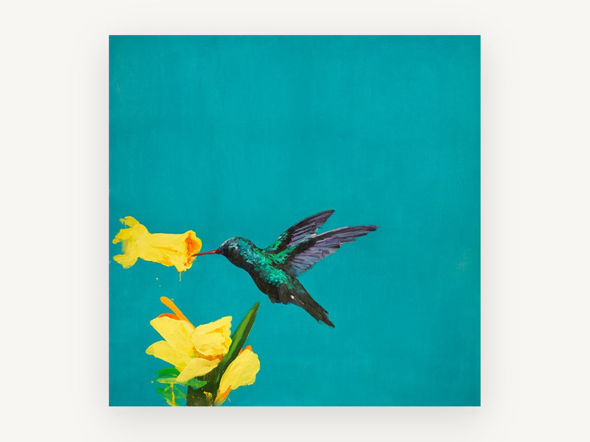 Hummingbird on Teal, floral canvas wall art print, front view