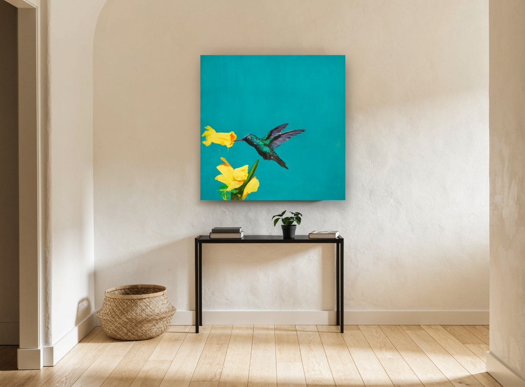 Hummingbird on Teal floral canvas print on the wall of a hallway