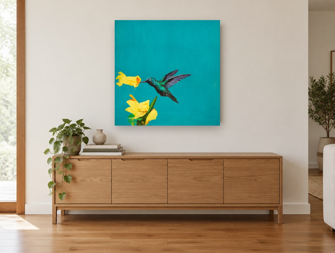 Hummingbird on Teal floral canvas print on the wall of a living room above a sideboard
