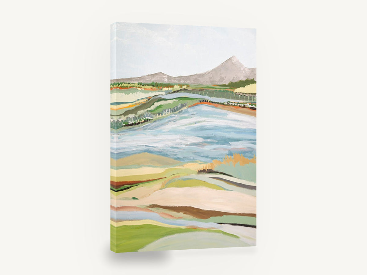 Pale Pasture Valley, abstract pastoral landscape with mountain, landscape canvas wall art print ready to hang