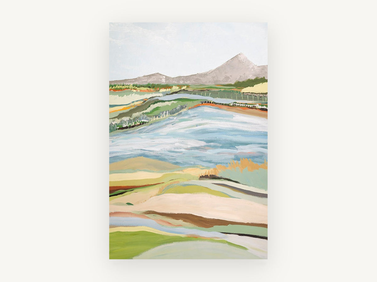 Pale Pasture Valley, abstract pastoral landscape with mountain, landscape canvas wall art print, front view