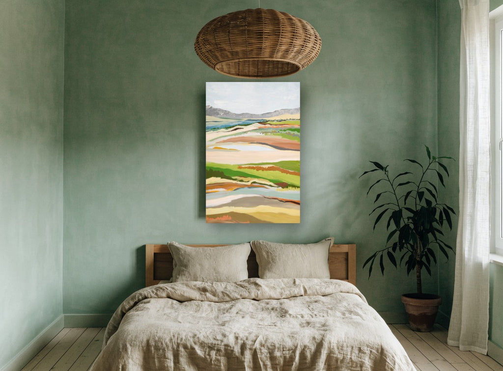 Layered Pasture Ridges landscape canvas print on the wall of a bedroom