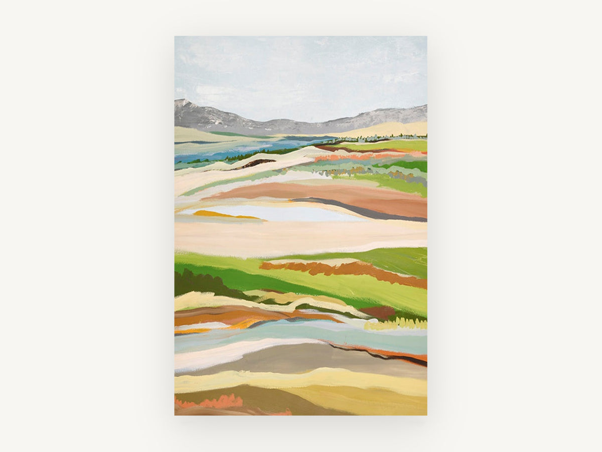 Layered Pasture Ridges, abstract pastoral landscape artwork, landscape canvas wall art print, front view