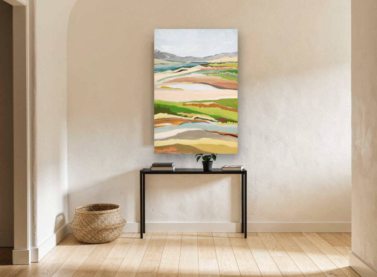 Layered Pasture Ridges landscape canvas print on the wall of a hallway