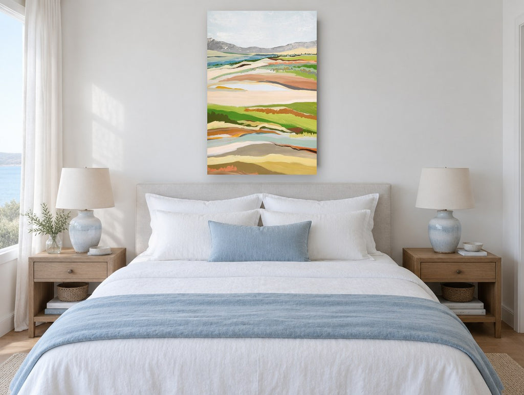 Layered Pasture Ridges landscape canvas print on the wall of a bedroom
