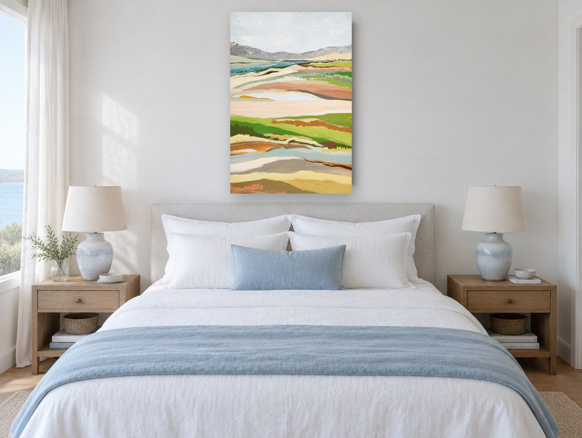 Layered Pasture Ridges landscape canvas print on the wall of a bedroom