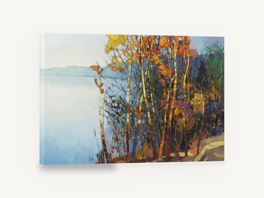 Autumn Birches by the Lake, autumn birch lake painting style landscape, landscape canvas wall art print ready to hang
