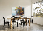 Autumn Birches by the Lake landscape canvas print on the wall of a dining room