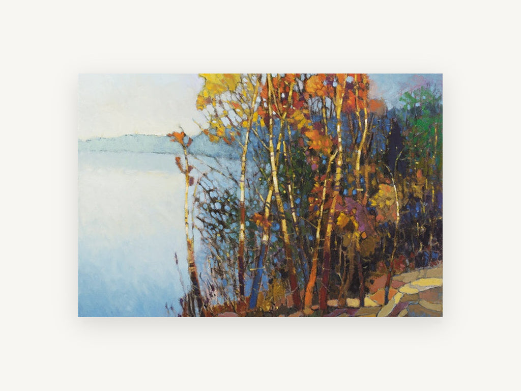 Autumn Birches by the Lake, autumn birch lake painting style landscape, landscape canvas wall art print, front view