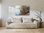 Autumn Birches by the Lake landscape canvas print on the wall of a living room