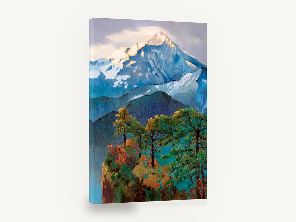 Alpenglow Pine Ridge, snowy mountain pine ridge painting, landscape canvas wall art print ready to hang