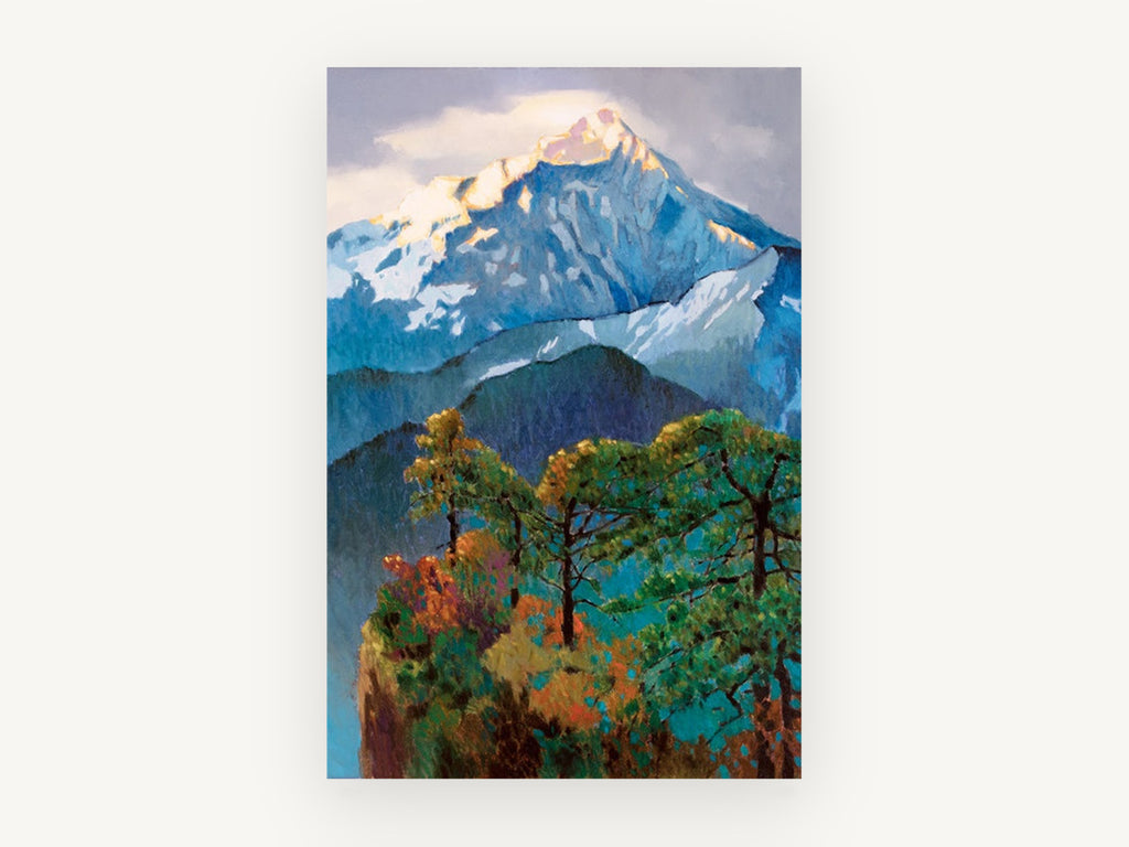 Alpenglow Pine Ridge, snowy mountain pine ridge painting, landscape canvas wall art print, front view
