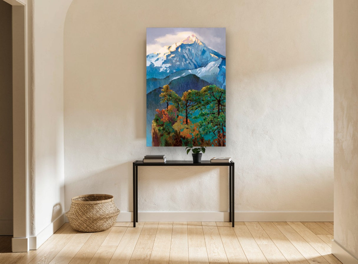Alpenglow Pine Ridge landscape canvas print on the wall of a hallway