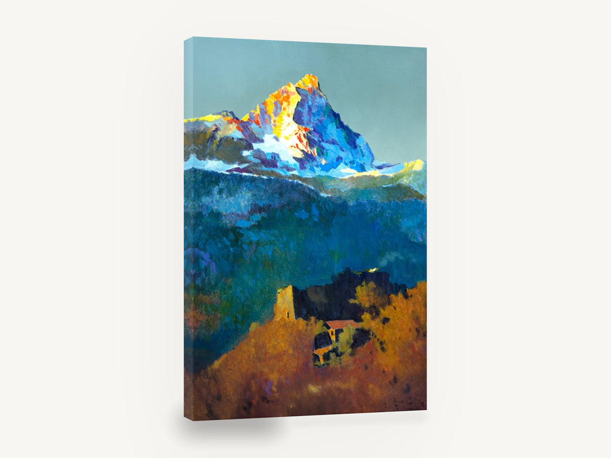 Alpenglow Above the Ruin, alpine peak sunset mountain painting, landscape canvas wall art print ready to hang