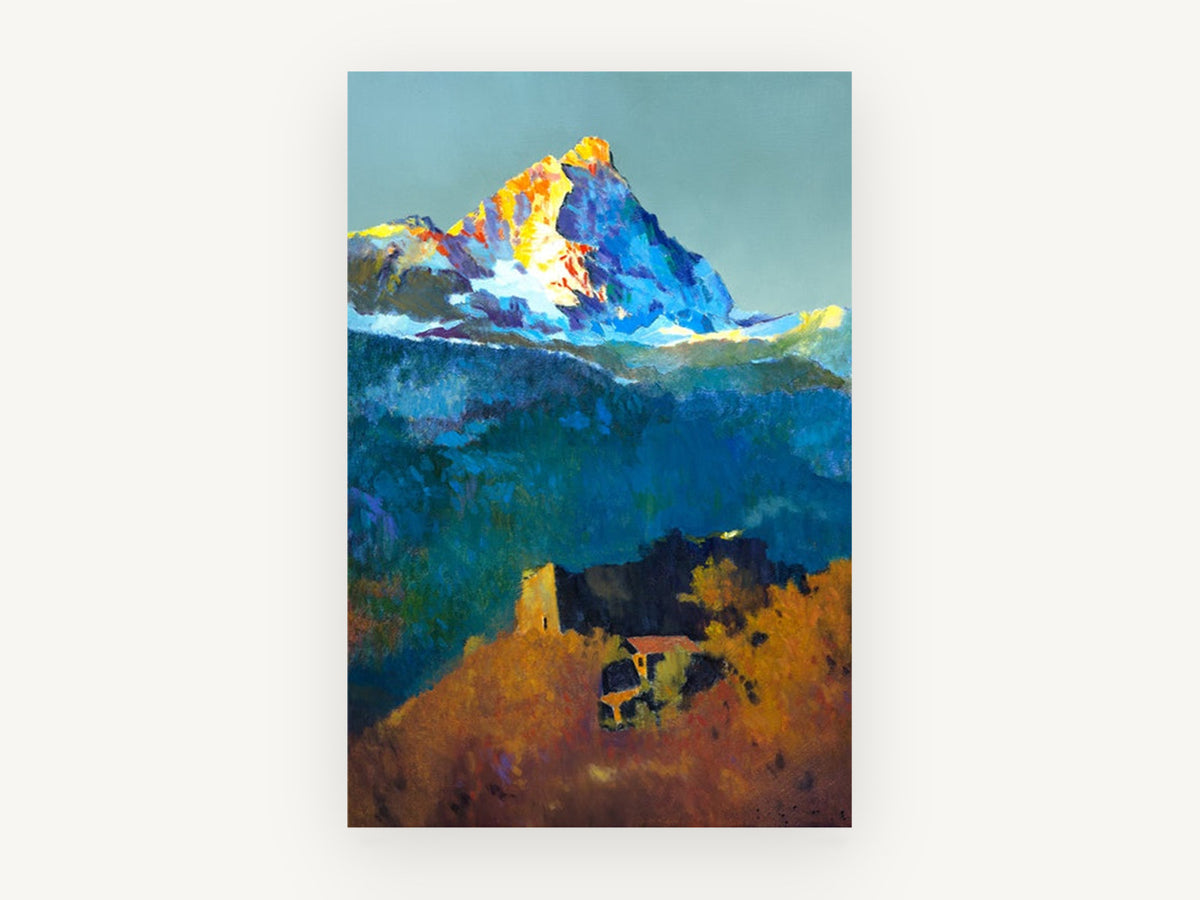 Alpenglow Above the Ruin, alpine peak sunset mountain painting, landscape canvas wall art print, front view