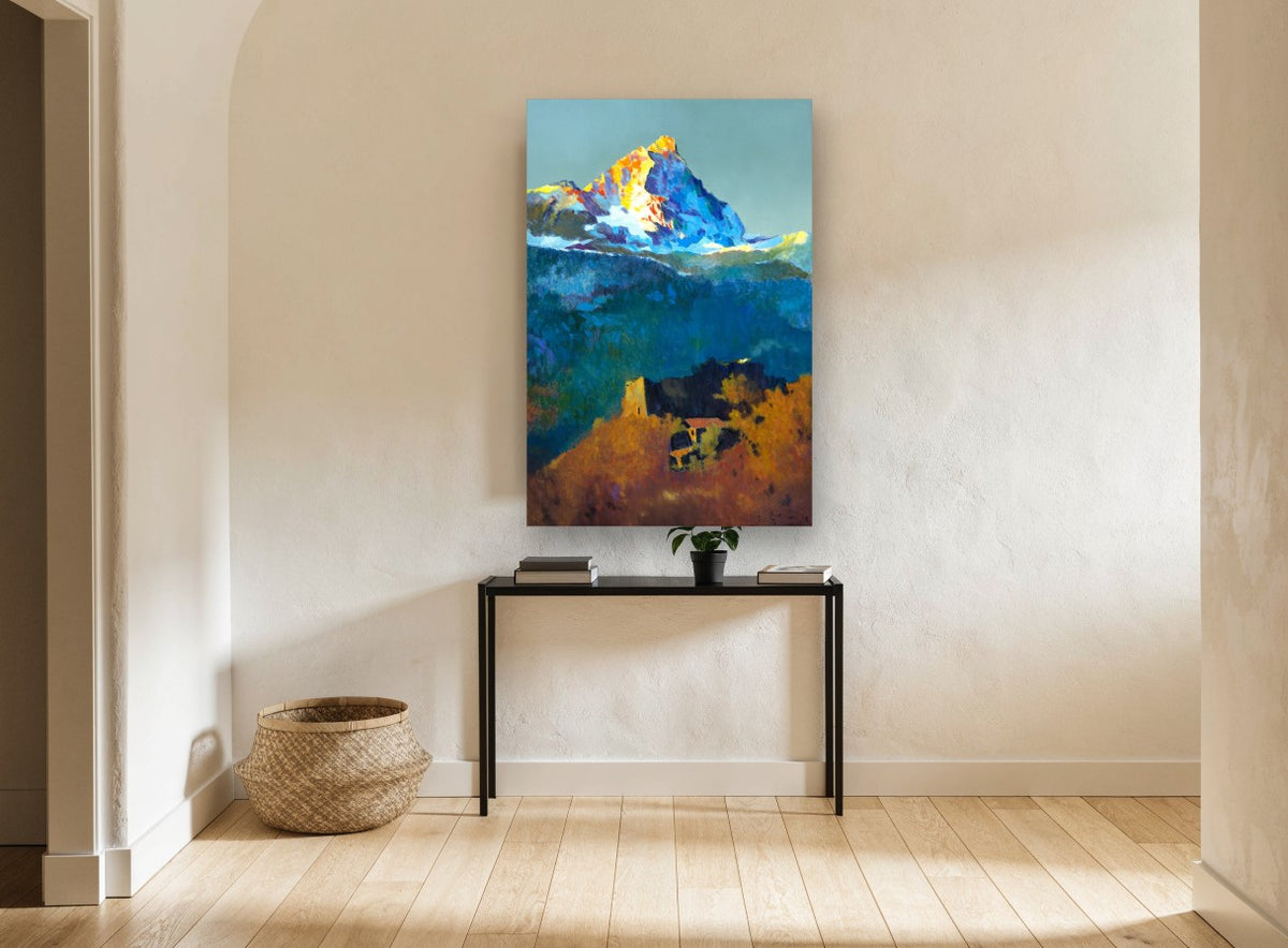 Alpenglow Above the Ruin landscape canvas print on the wall of a hallway