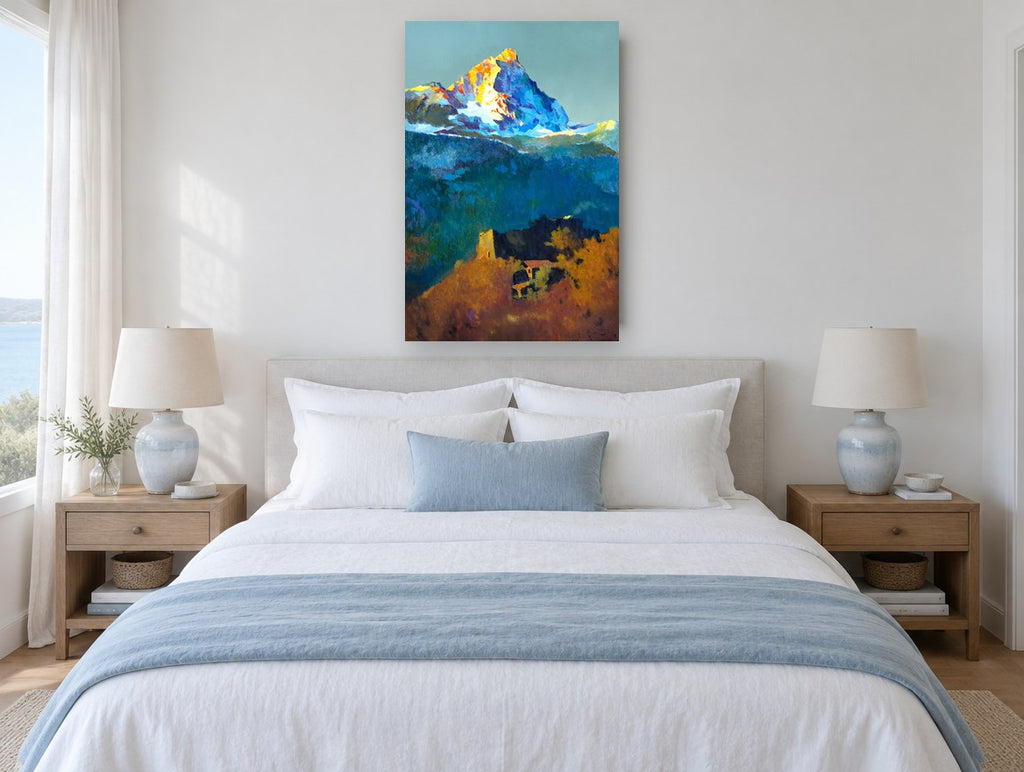 Alpenglow Above the Ruin landscape canvas print on the wall of a bedroom