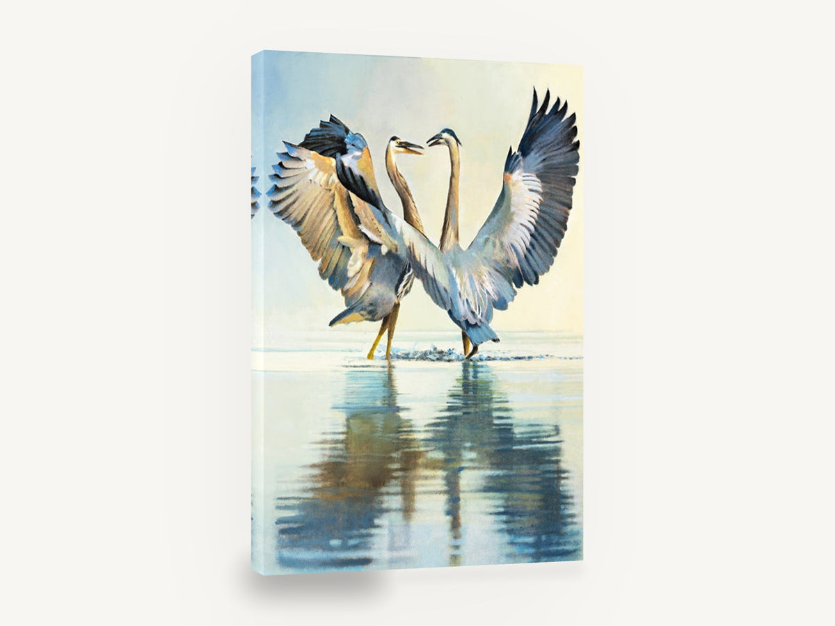 Dancing Herons, two herons wading water painting, landscape canvas wall art print ready to hang
