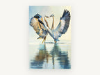 Dancing Herons, two herons wading water painting, landscape canvas wall art print, front view
