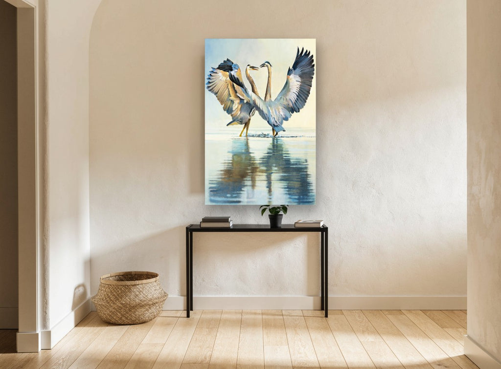 Dancing Herons landscape canvas print on the wall of a hallway