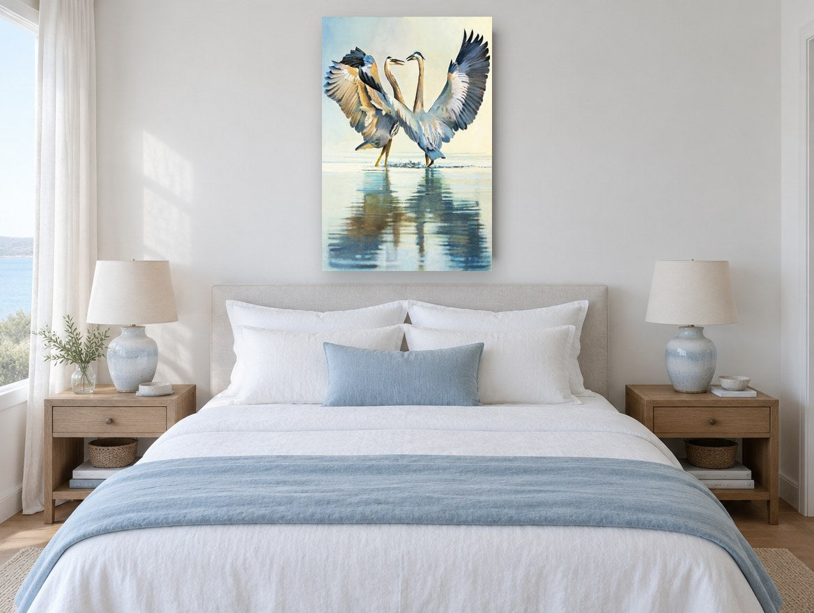 Dancing Herons landscape canvas print on the wall of a bedroom