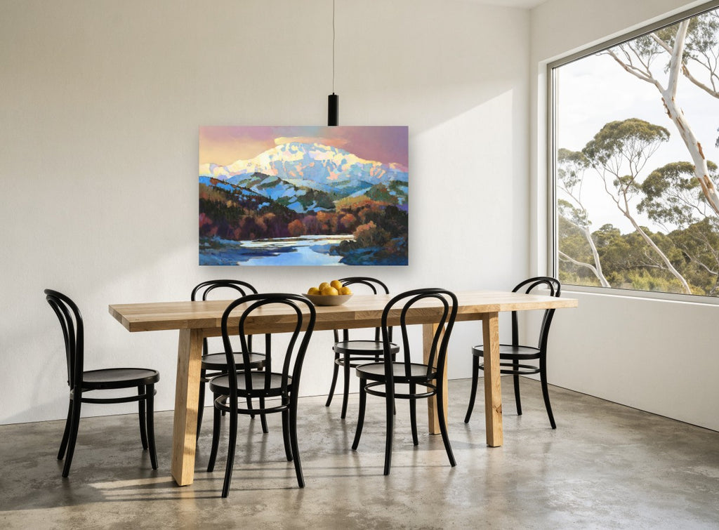 Alpenglow Over the River landscape canvas print on the wall of a dining room