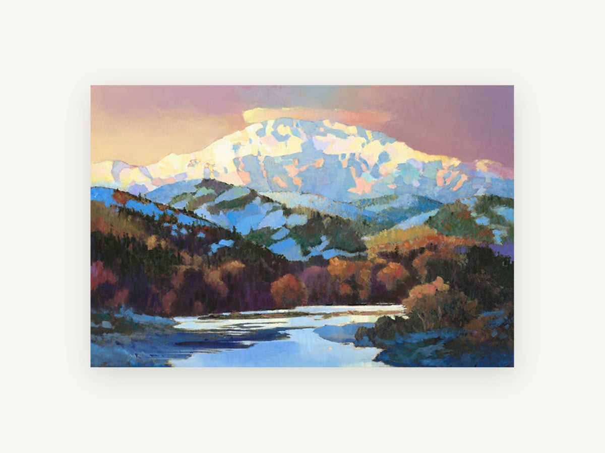 Alpenglow Over the River, snowy mountain river landscape painting, landscape canvas wall art print, front view