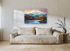 Alpenglow Over the River landscape canvas print on the wall of a living room