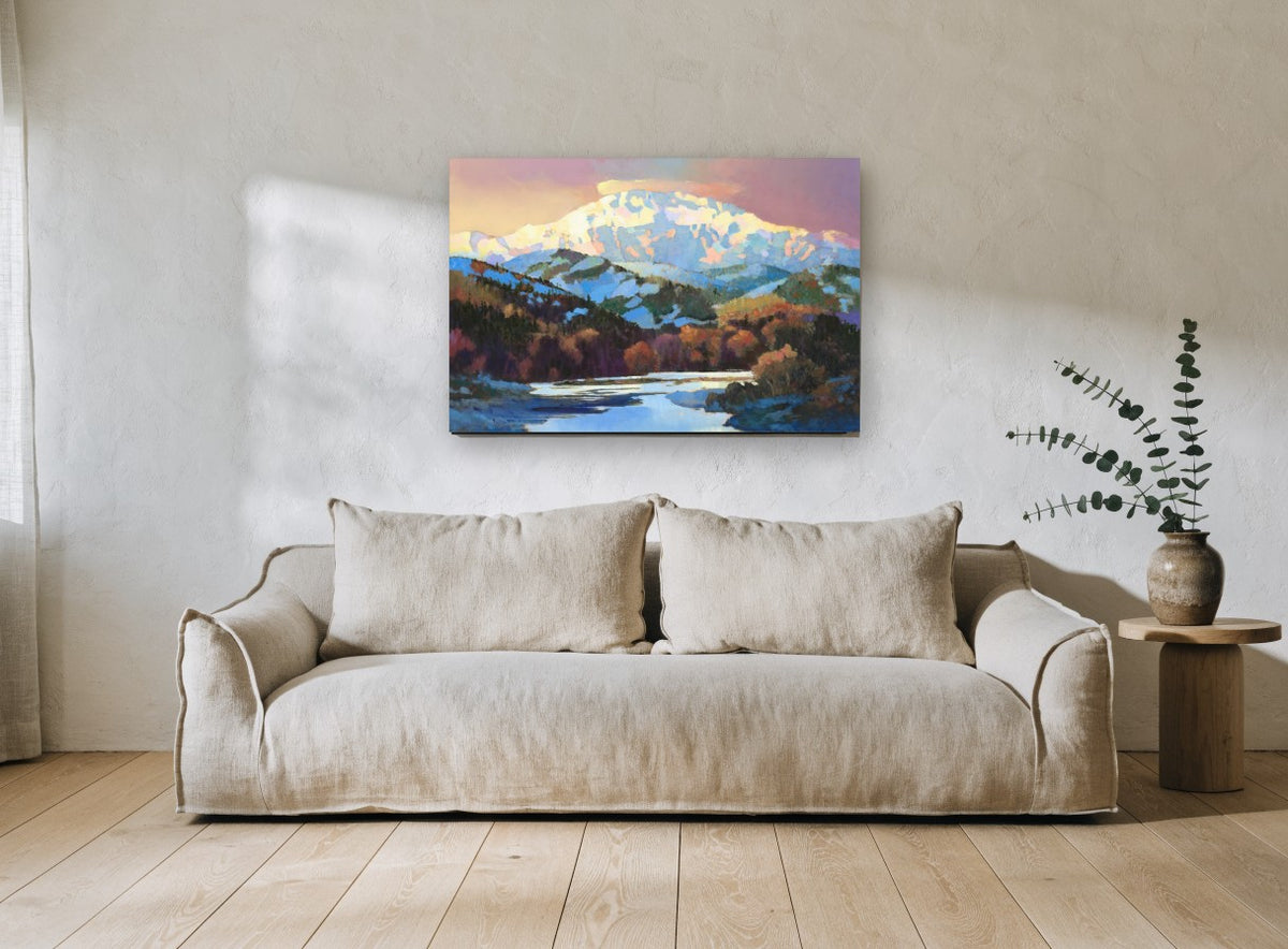 Alpenglow Over the River landscape canvas print on the wall of a living room