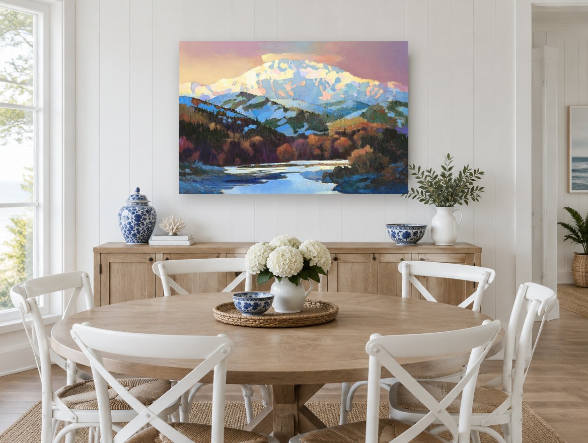 Alpenglow Over the River landscape canvas print on the wall of a Hamptons dining room