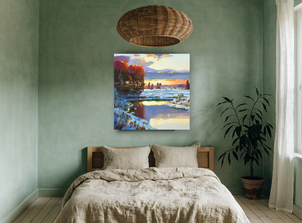 Winter Dusk Reflections landscape canvas print on the wall of a bedroom