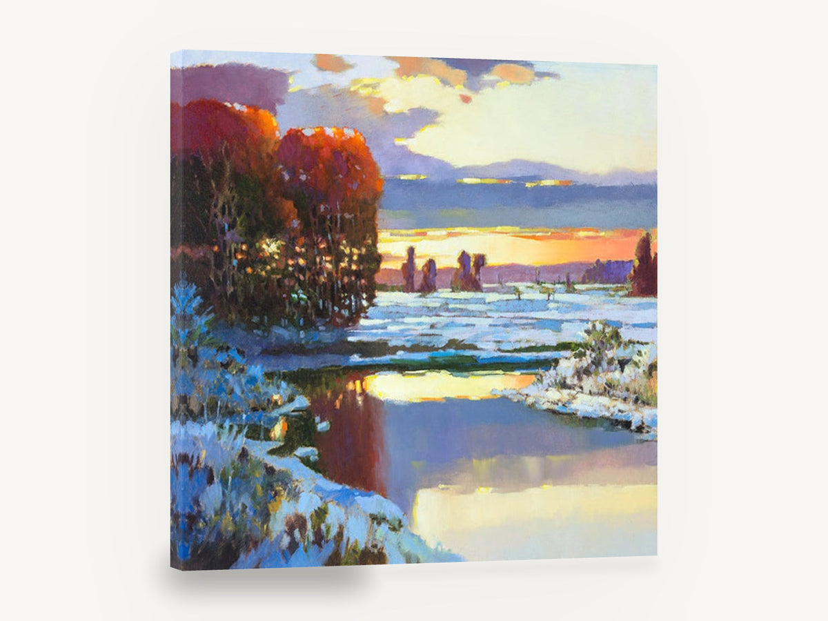 Winter Dusk Reflections, snowy river sunset landscape painting, landscape canvas wall art print ready to hang
