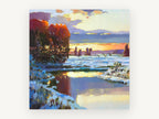 Winter Dusk Reflections, snowy river sunset landscape painting, landscape canvas wall art print, front view