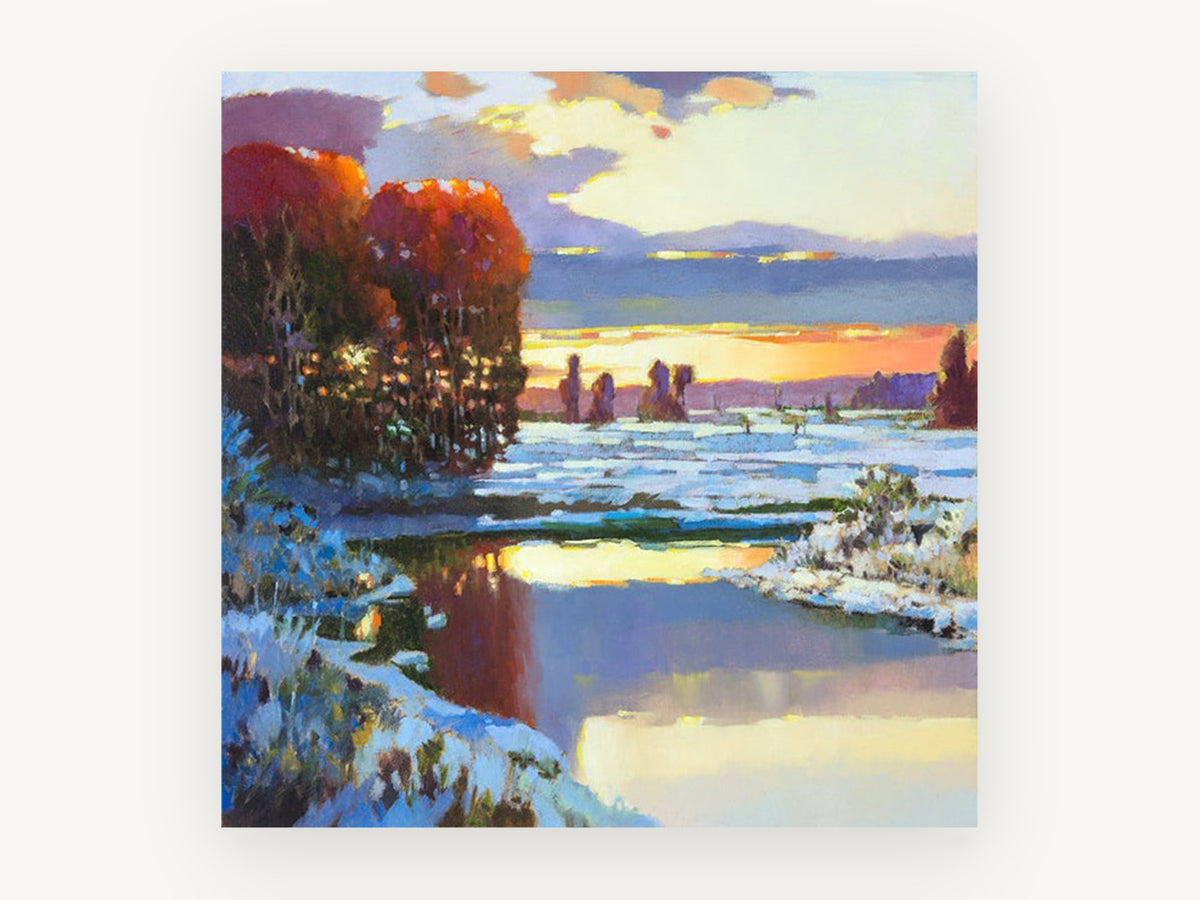 Winter Dusk Reflections, snowy river sunset landscape painting, landscape canvas wall art print, front view