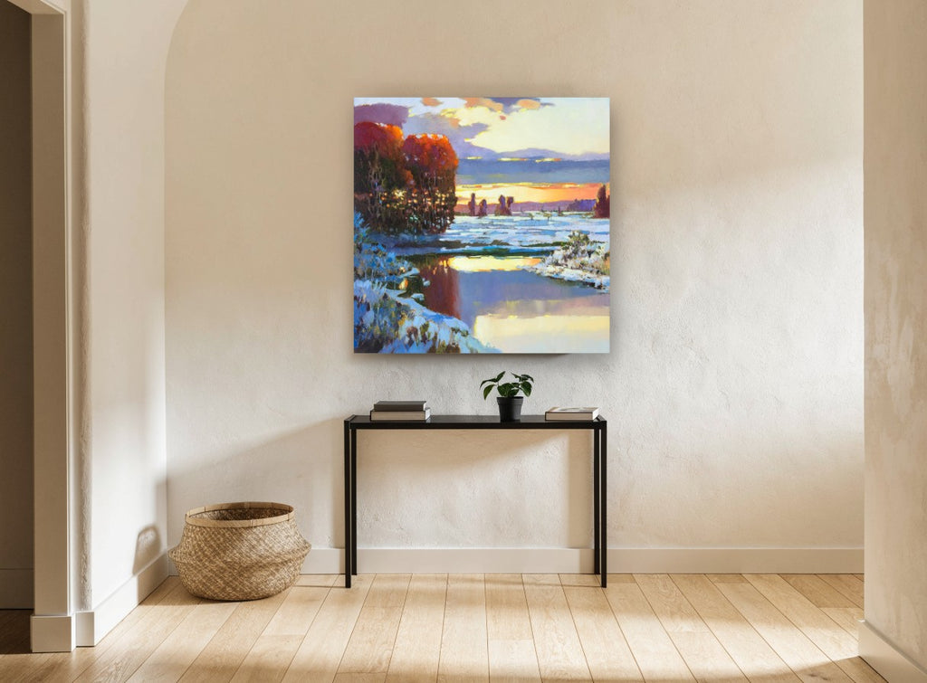 Winter Dusk Reflections landscape canvas print on the wall of a hallway