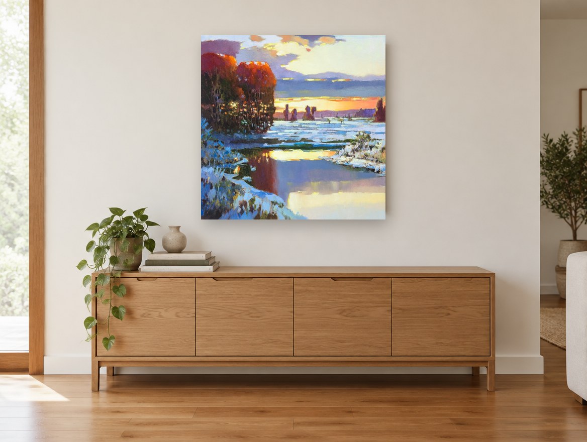 Winter Dusk Reflections landscape canvas print on the wall of a living room above a sideboard