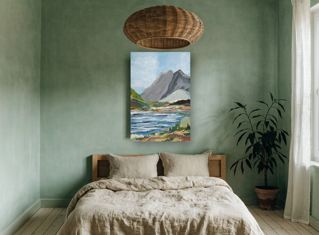 Grey Peaks Valley Water landscape canvas print on the wall of a bedroom